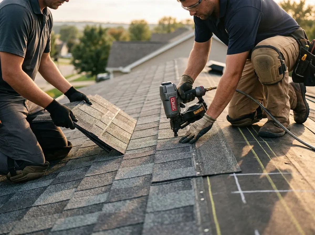 Professional roofer working on a residential roof in Salem Lakes